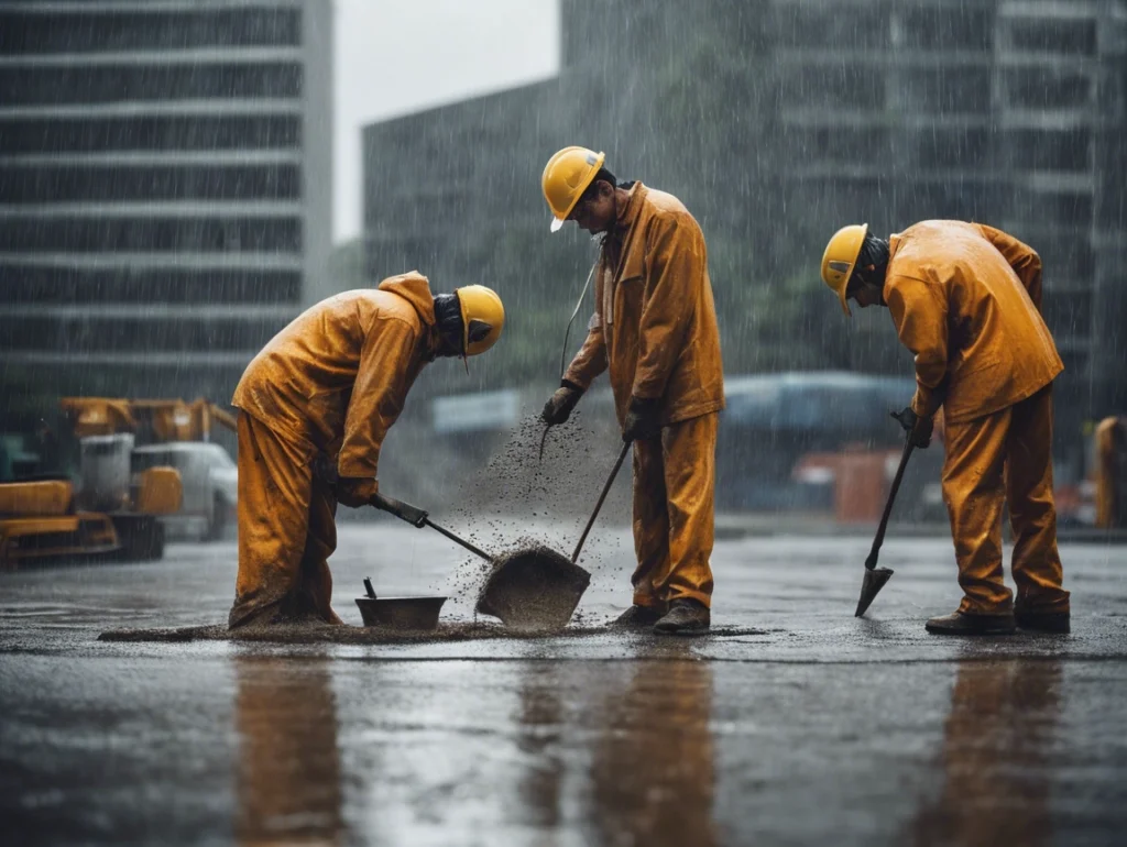 Construction workers pouring concrete in rain, dressed in waterproof safety gear on a wet urban construction site.